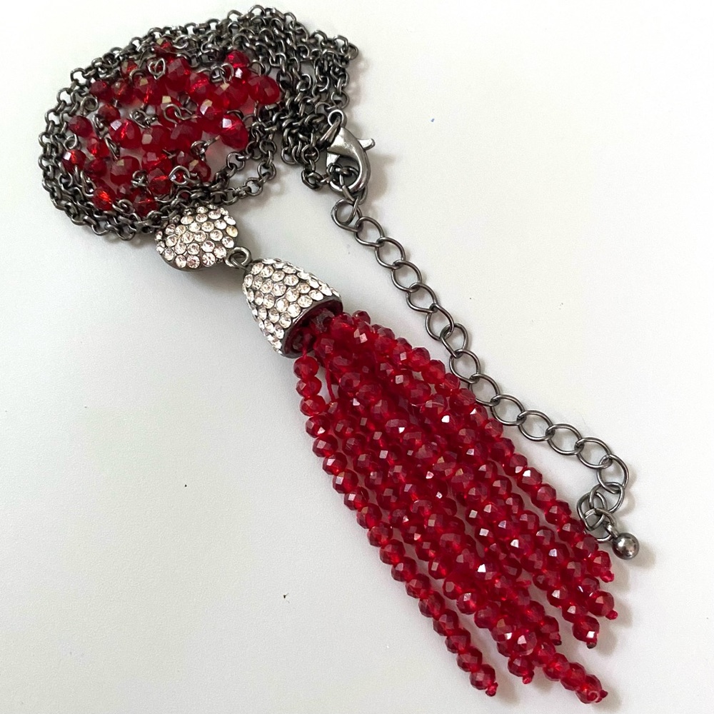 Vintage Red Crystal & Rhinestone Tassel Necklace